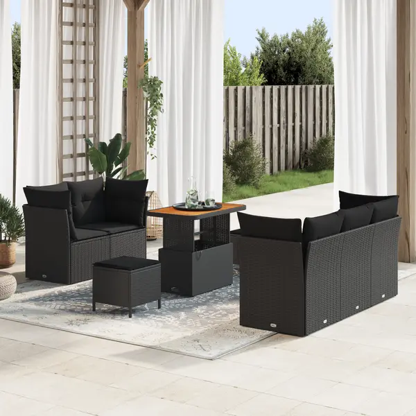 Set canapea gradina Gossi cu 8 piese si perna ratan poli negru acacia, set dining gradina Gossi cu 3 piese si perna ratan poli negru acacia