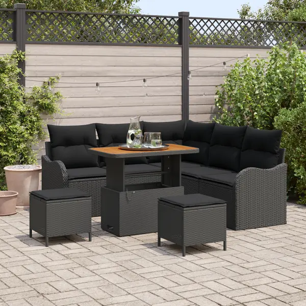 Set canapea gradina Gossi cu 8 piese si perne ratan negru acacia, canapea gradina Gossi cu doua locuri si perne ratan negru, set dining gradina Gossi cu 3 piese si perne ratan negru