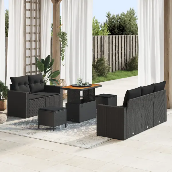 Set canapea gradina Gossi cu 8 piese si perne ratan poli negru acacia, set masa gradina Gossi cu 3 piese si perne ratan poli negru acacia
