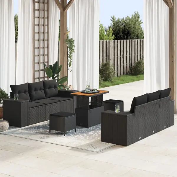 Set canapea gradina Gossi cu 9 piese, poliratan negru, acacia, set dining gradina Gossi cu 3 piese, poliratan negru, acacia