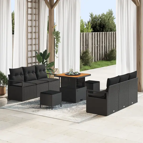 Set canapea gradina Gossi cu 9 piese si perne ratan poly negru acacia, canapea gradina cu 2 locuri Gossi cu perne ratan poly negru, set dining gradina cu 3 piese si perne Gossi ratan poly negru acacia