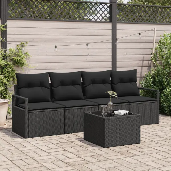 Set canapea gradina Gossi cu perne negre din ratan poliester, canapea gradina Gossi pentru 2 persoane cu stocare si perne negre din ratan poliester