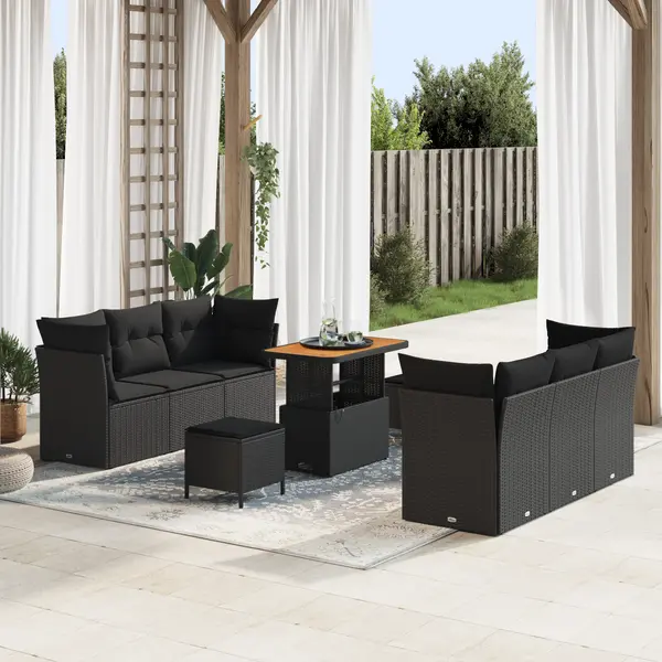 Set canapea gradina Gossi cu perne negru poli ratan acacia, set dining gradina Gossi cu perne negru poli ratan acacia