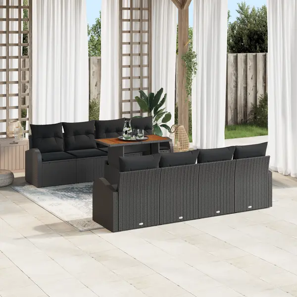 Set canapea gradina Gossi cu perne negru poliratan 9 piese, canapea gradina Gossi cu stocare & perne negru poliratan 2 persoane