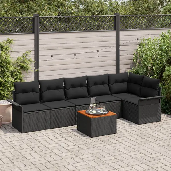 Set canapea gradina Gossi cu perne, negru, poliratan, acacia, canapea gradina Gossi cu 2 locuri, cu depozitare si perne, negru, poliratan