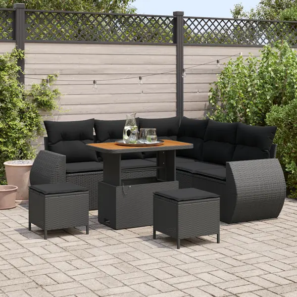 Set canapea gradina Gossi cu perne, negru, poliratan, acacia, set dining gradina Gossi cu perne, negru, poliratan, acacia