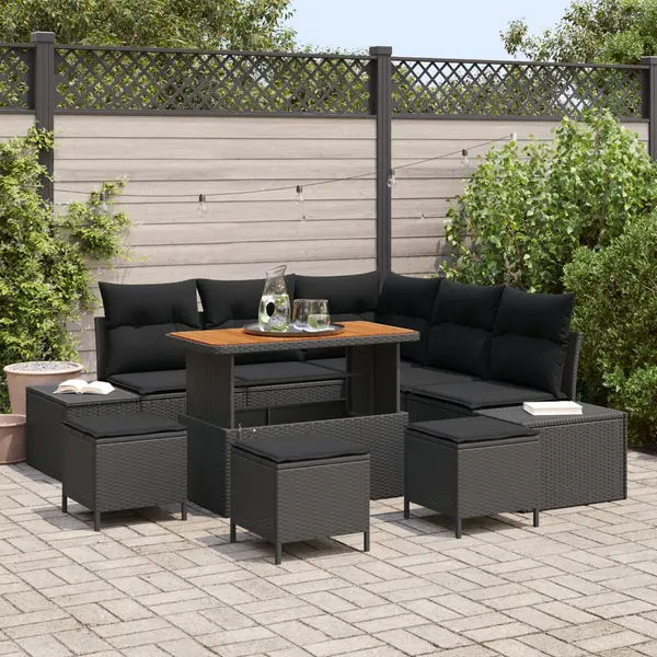 Set canapea gradina Gossi de 9 piese cu perna neagra din ratan poli si acacia, canapea gradina Gossi pentru 2 persoane cu perna neagra din ratan poli, set dining pentru gradina Gossi de 4 piese cu perna neagra din ratan poli si acacia
