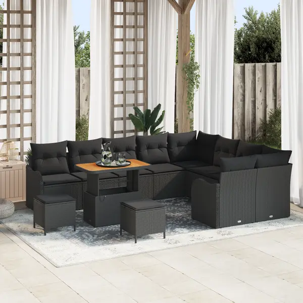 Set canapea gradina Gossi in 12 piese cu perne negru poli rattan acacia, set dining gradina Gossi in 3 piese cu perne negru poli rattan acacia, canapea gradina Gossi in 2 piese cu perne negru poli rattan