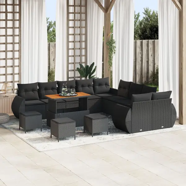 Set canapea gradina videoxl 13 piese cu perne negru poliratan acacia, set dining videoxl 3 piese cu perne negru poliratan acacia