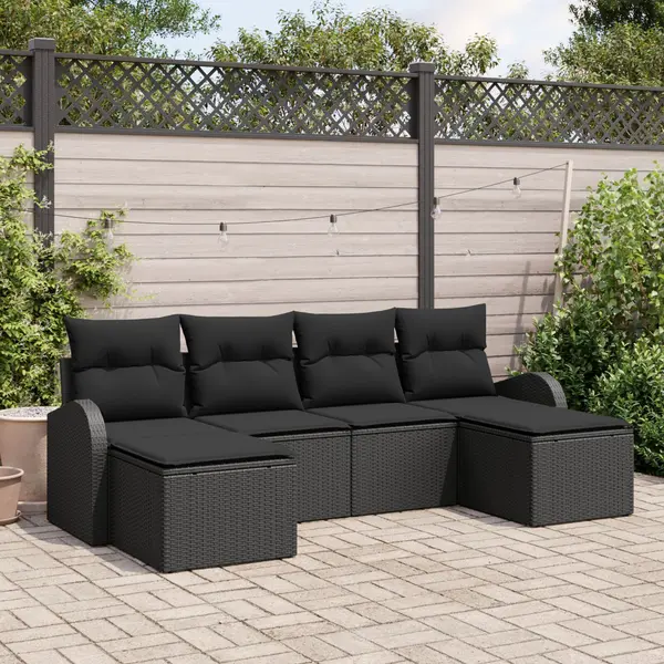 Set canapea modulara gradina Gossi cu perne, poliratan negru, canapea gradina Gossi pentru 2 persoane cu depozitare si perne, poliratan negru