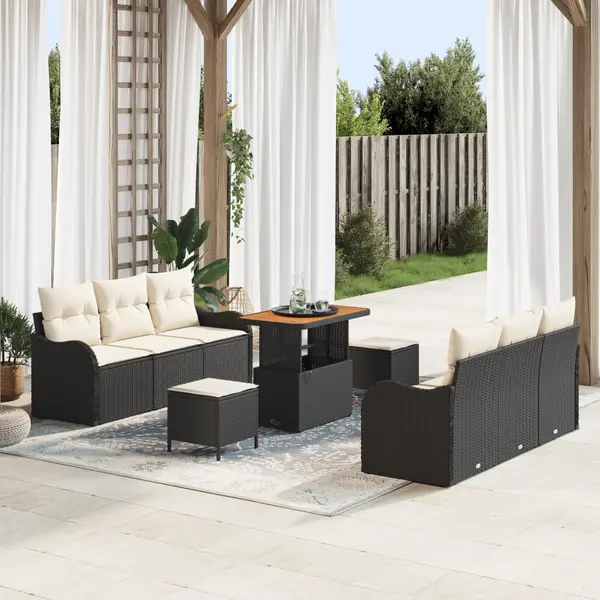 Set canapea pentru gradina de 9 piese cu perne, ratan polimer negru si acacia, canapea de gradina pentru 2 persoane cu spatiu de depozitare si perne, ratan polimer negru, set de cina pentru gradina de 3 piese cu perne, ratan polimer negru si acacia