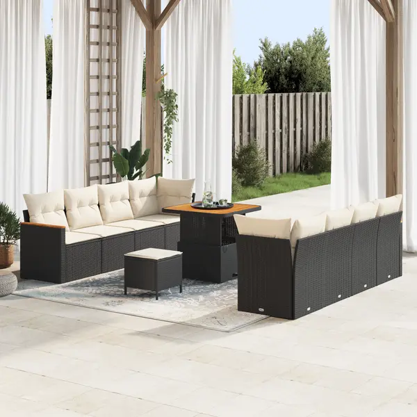 Set canapea pentru gradina Gossi cu 11 piese cu perne negre din poliratan, set de dining pentru gradina Gossi cu 3 piese cu perne negre din poliratan