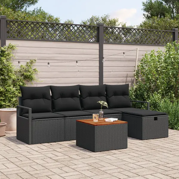 Set canapele gradina Gossi 6 piese cu perne poli ratan negru, canapea gradina Gossi cu 2 locuri si spatiu depozitare & perne poli ratan negru
