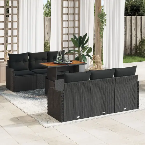 Set canapele gradina Gossi 7 piese cu perne negru ratan poli acacia, canapea gradina Gossi 2 locuri cu perne negru ratan poli