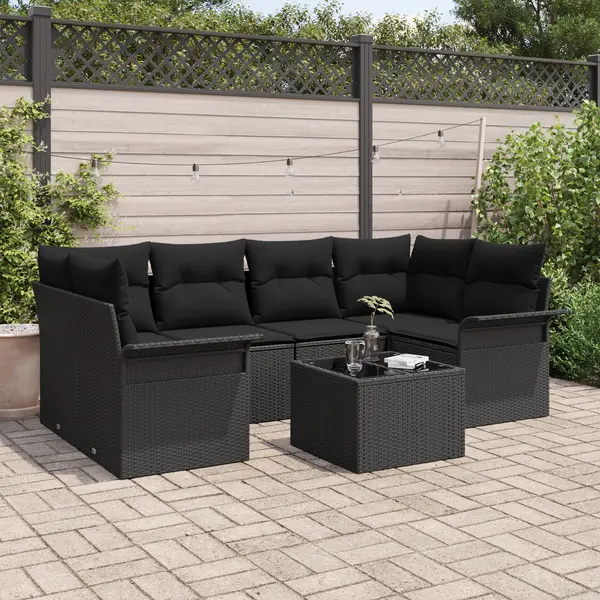 Set canapele gradina Gossi 7 piese cu perne, ratan negru, canapea gradina Gossi doua persoane cu depozitare si perne, ratan negru