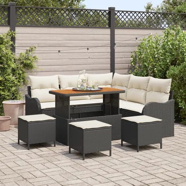 Set canapele gradina Gossi 9 piese cu perne negru polirat acacia, canapea gradina Gossi pentru 2 persoane cu perne negru polirat, set dining gradina Gossi 4 piese cu perne negru polirat acacia