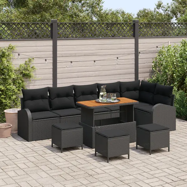 Set canapele gradina Gossi 9 piese cu perne negru poliratan acacia, canapea gradina Gossi 2 locuri cu perne negru poliratan, set dining gradina Gossi 3 piese cu perne negru poliratan acacia