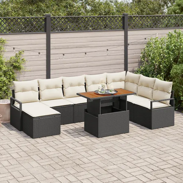 Set canapele gradina Gossi 9 piese cu perne ratan sintetic negru acacia, set canapea gradina Gossi 2 locuri cu perne ratan sintetic negru