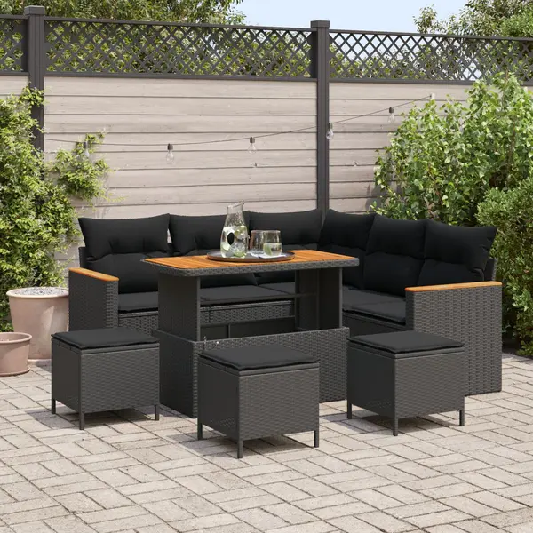 Set canapele gradina Gossi cu perne negru ratan poli acacia, set dining gradina Gossi cu perne negru ratan poli acacia