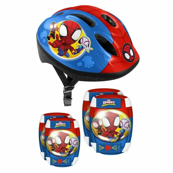 Set casca protectie, genunchiere si cotiere, Stamp, Spidey, Sigure si confortabile, Reglabile, Conform cu EN1078, Marime 50/56 cm, 3 ani+, Albastru/Rosu