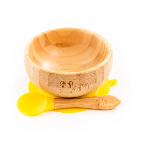 Set castron si farfurie cu lingurita pentru diversificare Oaki din bambus Elefant Galben