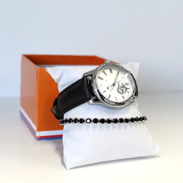 Set ceas elegant Waterproof Matteo Ferari, curea din piele ecologica si bratara asortata, One Heart, Negru/Argintiu