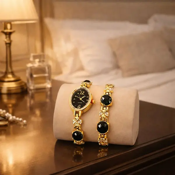 Set Ceas si Bratara pentru Dama, Finisaj Auriu cu Pietre Decorative, Elegant si Rafinat