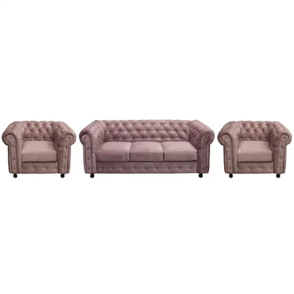 Set CHESTERFIELD 3-1-1, canapea extensibila 3 locuri si 2 fotolii fixe, roz prafuit
