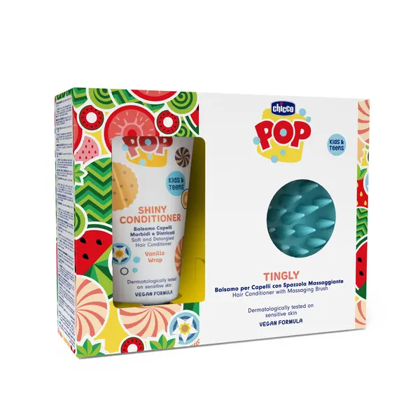 Set Chicco POP, balsam pentru par cu aroma prajitura de vanilie si perie masaj scalp, 150ml, 6ani+