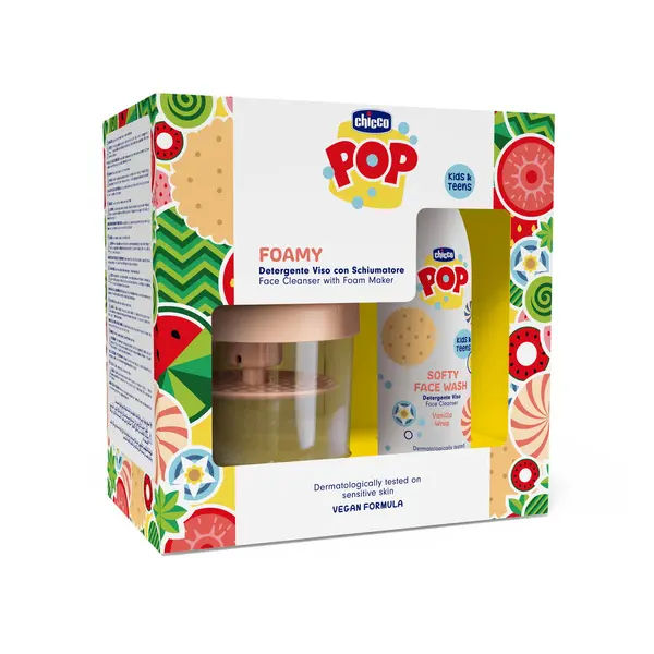Set Chicco POP, gel curatare fata cu aroma prajitura de vanilie si dispozitiv formare spuma, 150ml, 6ani+