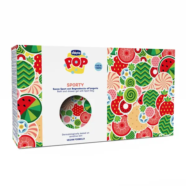 Set Chicco POP, gel de dus cu aroma prajitura de vanilie si borseta, 300ml, 6ani+