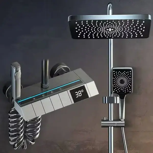 Set coloana de Dus cu para dreptunghiulara, Display LED, comenzi piano, 4 funcții curgere apa, Rotatie 360°, Pulverizare cu aer, robinet ascuns, fara conectare electrica
