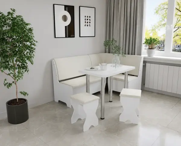Set coltar bucatarie Tunis cu masa si 2 tabureti Alb Fildes