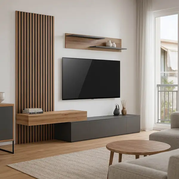 Set Comoda Tv Litende cu Riflaj, antracit-stejar, 249x42x199 cm