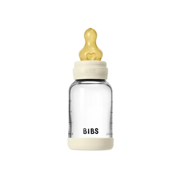 Set complet biberon din sticla anticolici cu tetina din latex flux lent Ivory, 120ml, Bibs