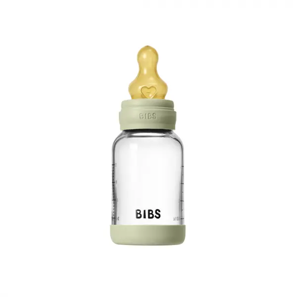 Set complet biberon din sticla anticolici cu tetina din latex, flux lent, 120 ml, Sage