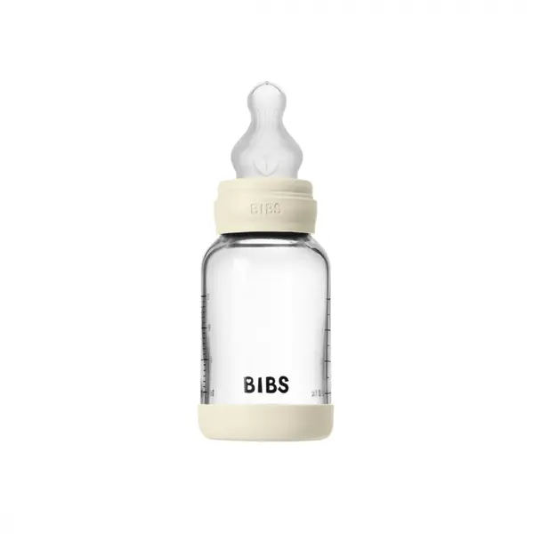 Set complet biberon din sticla anticolici cu tetina din silicon flux lent 120 ml Ivory