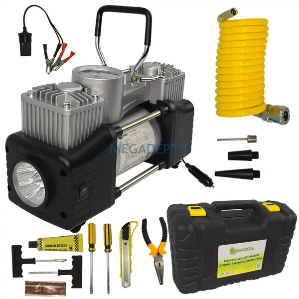 Set complet compresor auto 12VMencoza, Premium Lider 2 cilindri,150PSI, 70L min, Kit reparatie pana, set de scule, accesorizat complet, lanterna
