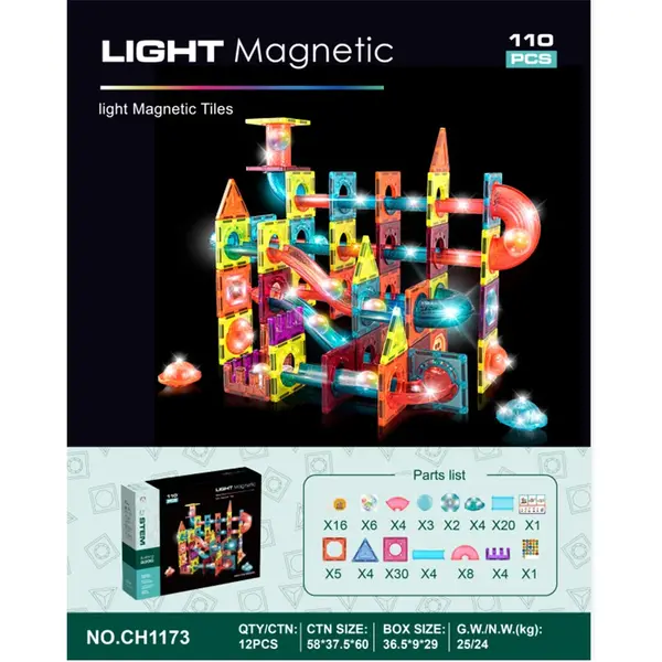 Set Constructie Magnetica 3D cu Lumini - 89-166 piese, Joc STEM pentru Copii 3+ 110 PIESE