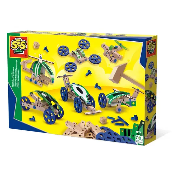 Set constructie vehicule din lemn pentru copii, 50 piese cu ciocan si roti