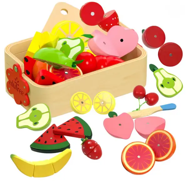 Set cos cu tocator si fructe - jucarie din lemn cu stickere