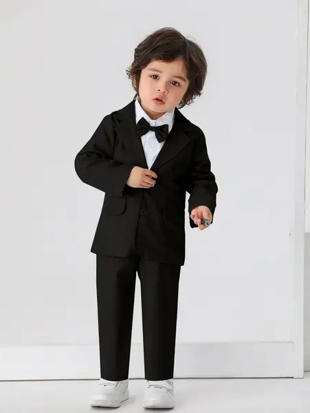 Set costum 2 buc pentru bebeluși băieți, sacou cu fundă și pantaloni - Negru / 4Y