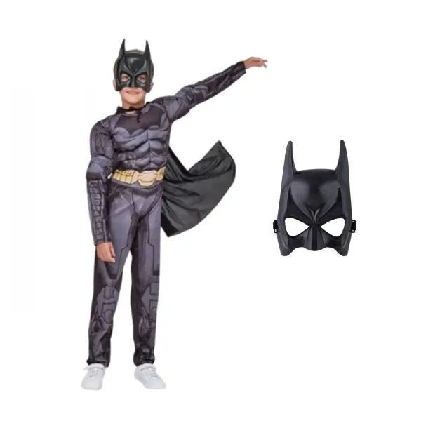 Set costum carnaval Batman cu muschi si masca plastic, 22 cm x 15 cm pentru copii DEPOX , 5-7 ani, gri