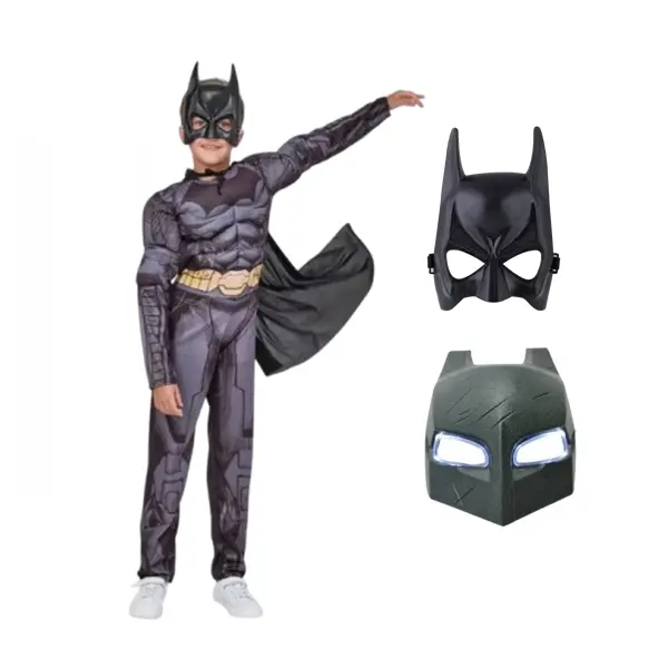 Set costum carnaval cu muschi, masca 22 cm x 15 cm si masca Batman, PVC cu LED-uri pentru copii DEPOX , 5-7 ani, gri