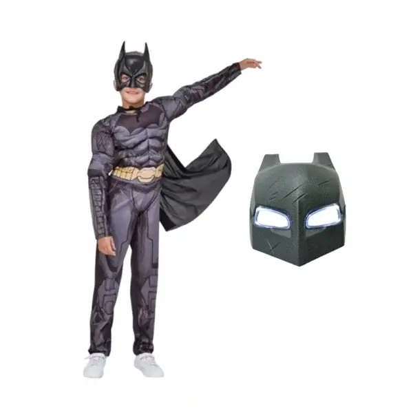 Set costum carnaval cu muschi si masca Batman, PVC cu LED-uri pentru copii DEPOX , 7-9 ani, gri