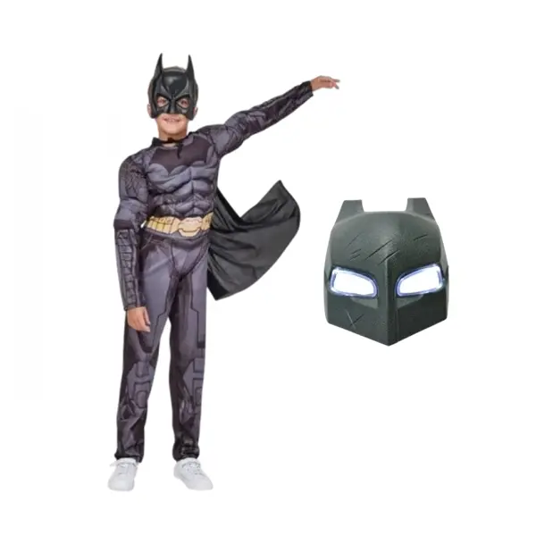 Set costum carnaval cu muschi si masca Batman, PVC cu LED-uri pentru copii DEPOX , 3-5 ani, gri