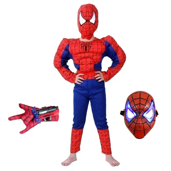 Set costum clasic Spiderman cu muschi DEPOX , 7-9 ani, 110-120 cm, rosu, manusa ventuze si masca LED