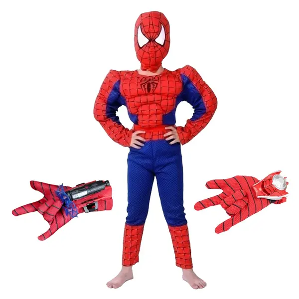 Set costum clasic Spiderman cu muschi, rosu, manusa ventuze si discuri, 3-5 ani, 100-110 cm