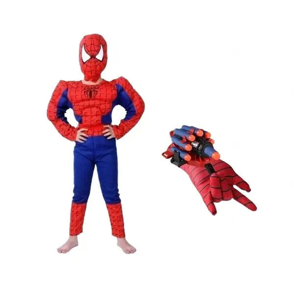 Set costum cu muschi si manusa lansator cu 7 ventuze din burete, Spiderman, 5-7 ani