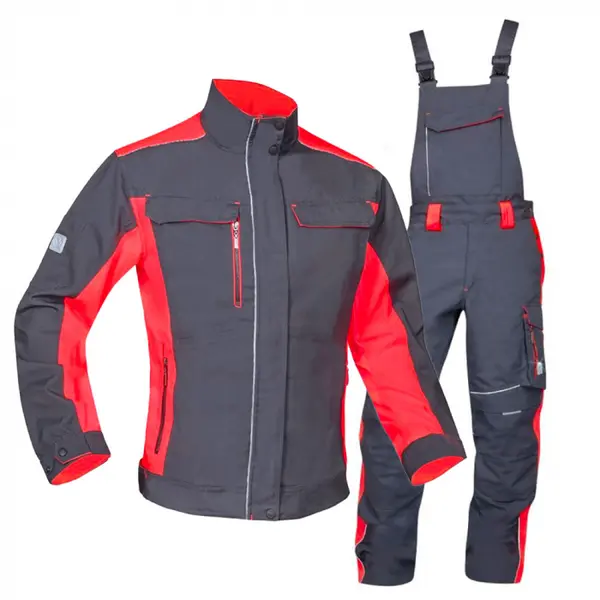 Set costum de lucru gri-rosu cu pantaloni cu pieptar, Ardon NEON 2XL, 46, GRI-ROȘU